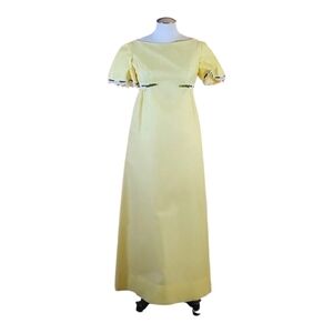 Vintage 1960s Lorrie Deb Yellow Empire Waist Gown Sz 7 Lace Bow Maxi ILGWU Union